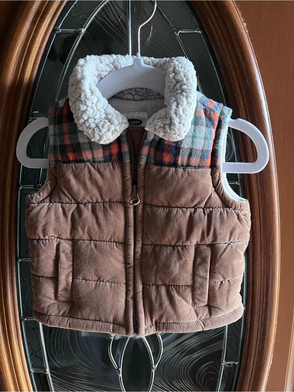 Old Navy Baby Brown Corduroy Vest with Sherpa Collar and Plaid Design NWOT